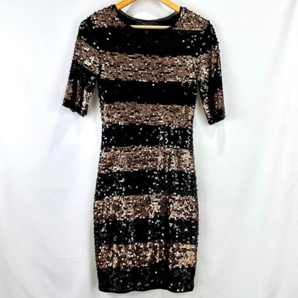BCBGMaxAzria Gold‎ Black Sequin Mini Dress Small Holiday NYE Party Cocktail Glam